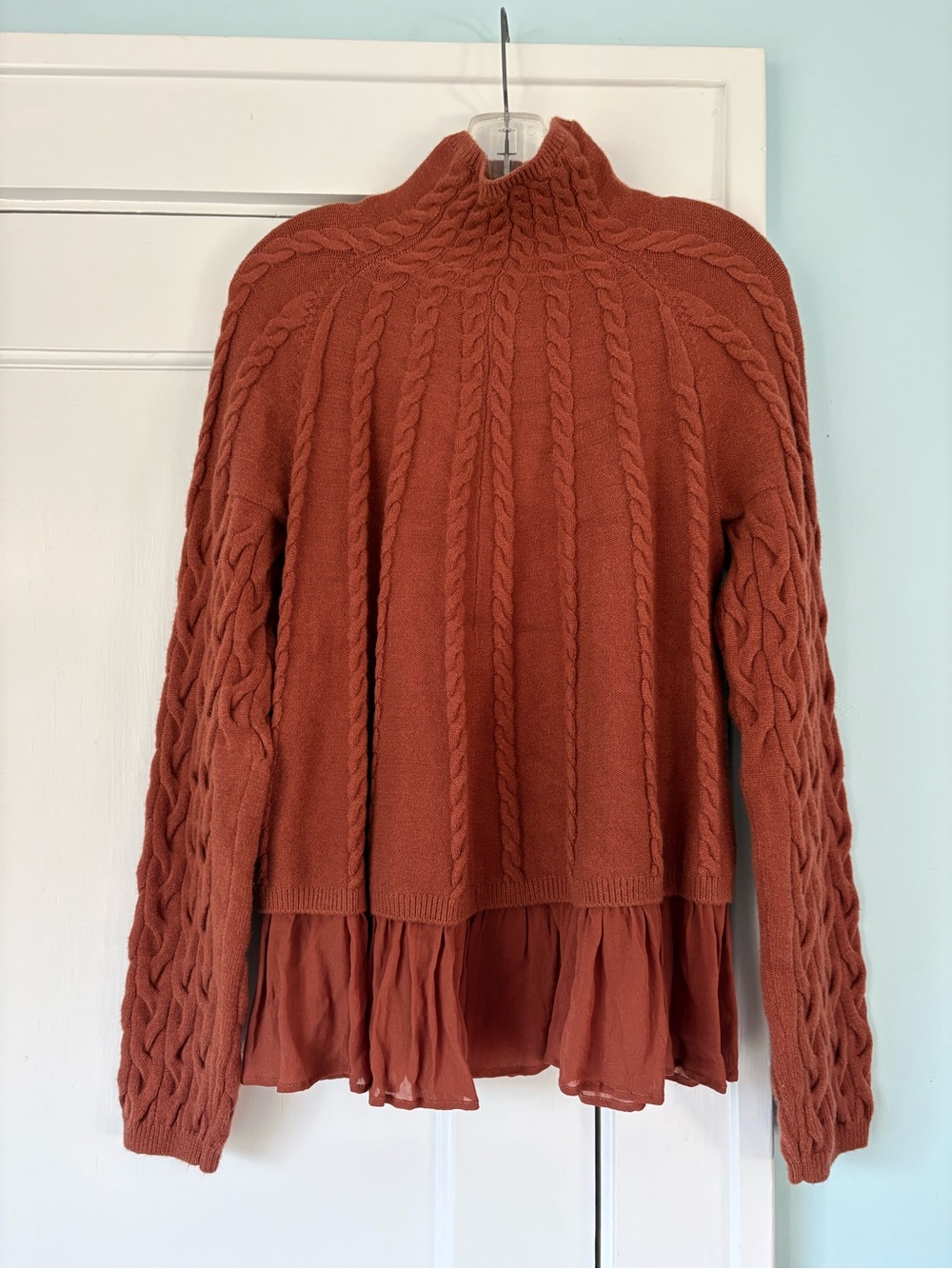 Anthropologie Rust Cable Knit Mock Neck Mixed Media Whimsical Ruffle Hem Sweater